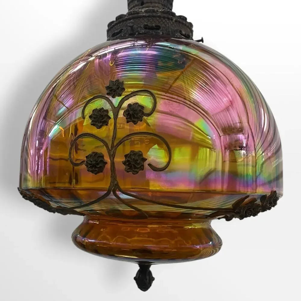 Vintage 1950s Falkenstein Style Amber Carnival Glass Hanging Swag Lamp